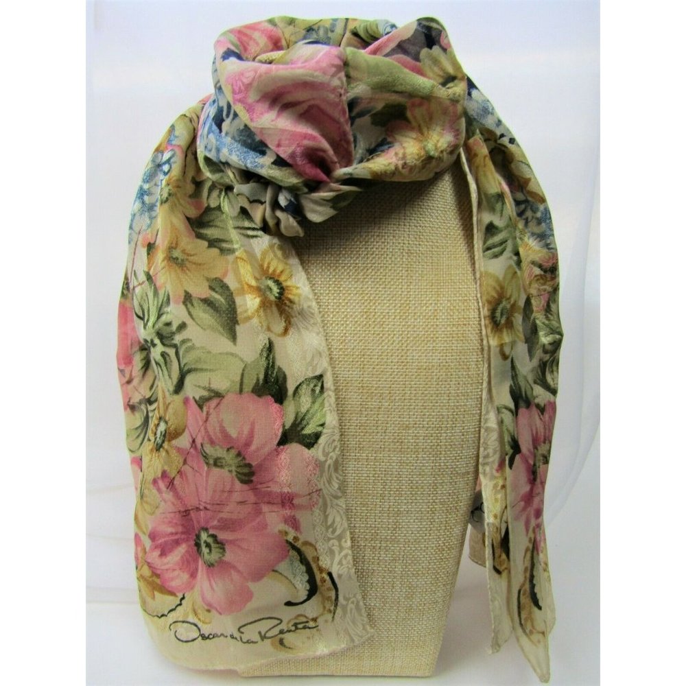 Vintage Oscar De La Renta Silk Scarf Pink Blue Floral Roses Long 52x11